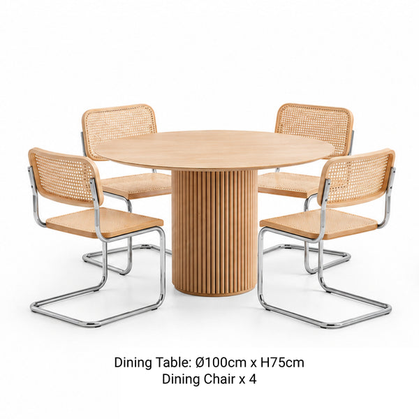 RONAN 100cm round wooden dining table with four ONTTO rattan and chrome cantilever dining chairs.