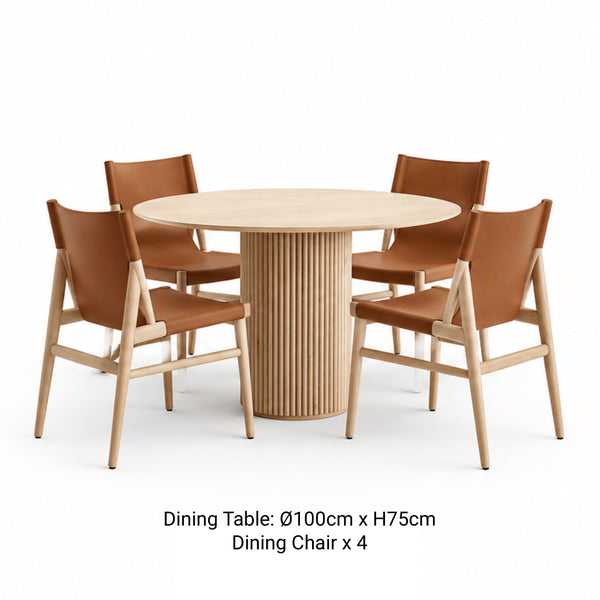 RONAN 100cm round fluted wood dining table with four MYLO brown leather dining chairs