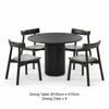 RONAN 100cm black round fluted dining table with four IRIGUCHI wooden dining chairs with grey padded seats.