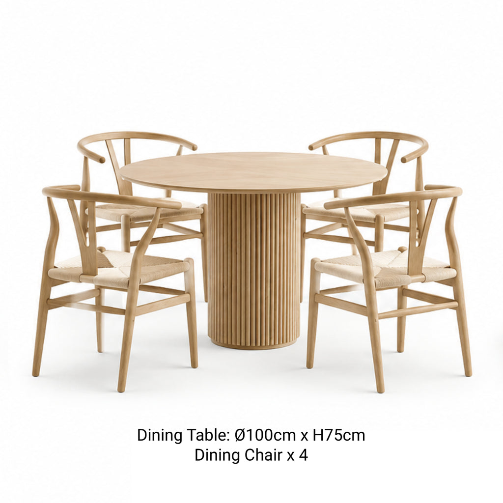 RONAN 100cm round wooden dining table with four FISKBEIN Scandinavian woven seat dining chairs.