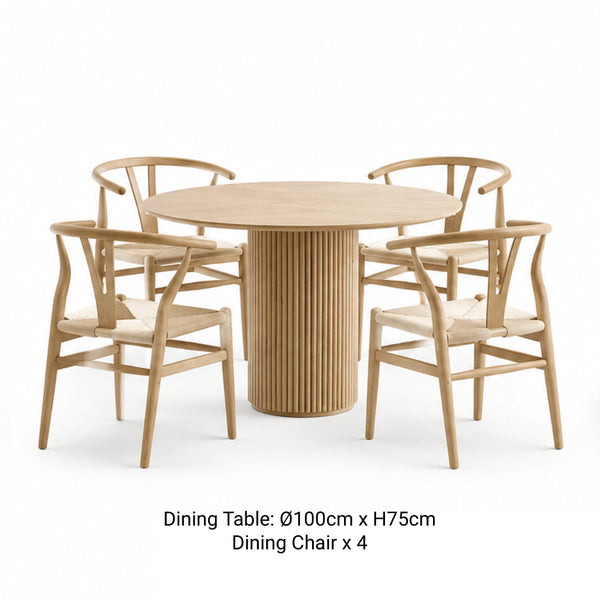 RONAN 100cm round wooden dining table with four FISKBEIN Scandinavian woven seat dining chairs.