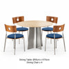 CRUX 95cm round wood and metal dining table with four PORTO blue upholstered dining chairs
