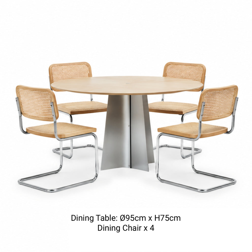 CRUX × ONTTO 4-seater round dining set with 95cm wood-toned table, stainless steel pedestal and four natural cane cantilever chairs