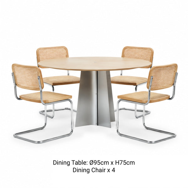 CRUX × ONTTO 4-seater round dining set with 95cm wood-toned table, stainless steel pedestal and four natural cane cantilever chairs