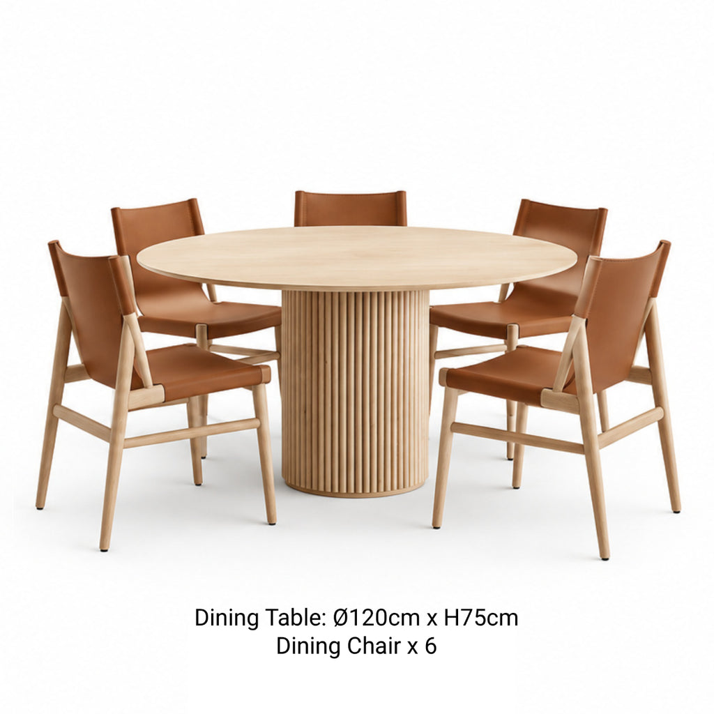 RONAN 120cm round pedestal dining table with six MYLO brown leather dining chairs