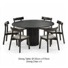 RONAN 120cm round black wooden dining table with six IRIGUCHI cushioned dining chairs.