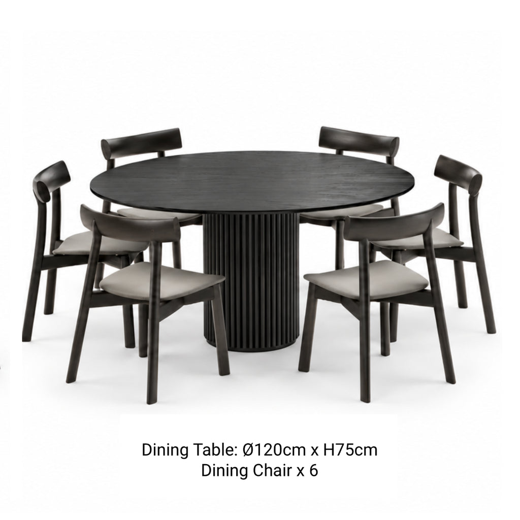 RONAN 120cm round black wooden dining table with six IRIGUCHI cushioned dining chairs.