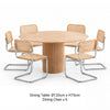 RONAN round fluted wood dining table with six ONTTO woven cane dining chairs and chrome frames.