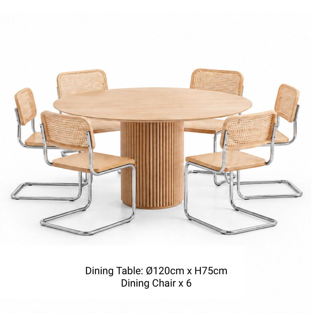 RONAN round fluted wood dining table with six ONTTO woven cane dining chairs and chrome frames.