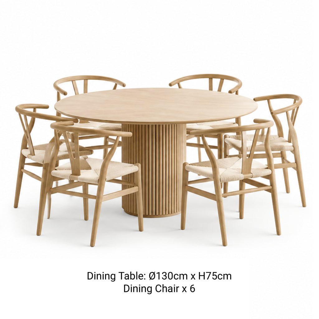RONAN 130cm round dining table with fluted pedestal base and six FISKBEIN curved wooden dining chairs