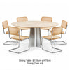 CRUX × ONTTO 6-seater dining set featuring 135cm round table with stainless steel base and six woven cane dining chairs