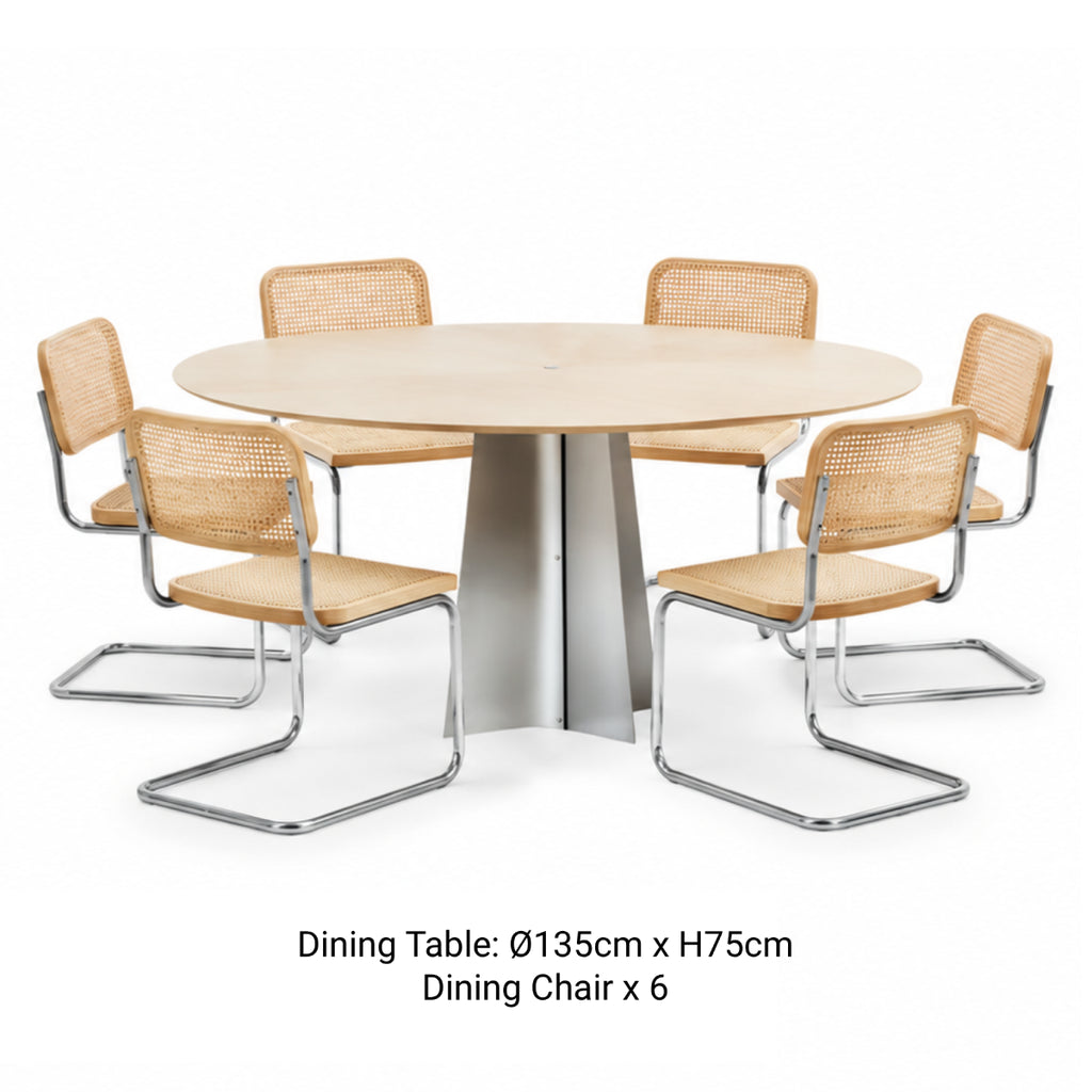 CRUX × ONTTO 6-seater dining set featuring 135cm round table with stainless steel base and six woven cane dining chairs