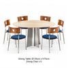 CRUX 135cm round dining table with sculptural metal pedestal and six PORTO wooden backrest chairs with blue seats