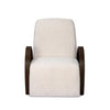 Contemporary armchair with textured white upholstery and curved wood armrests.