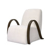 White upholstered armchair with curved dark wooden armrests.