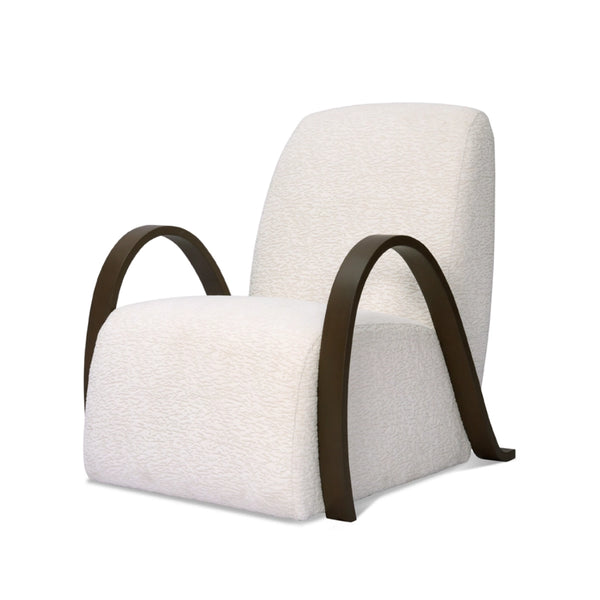 White upholstered armchair with curved dark wooden armrests.