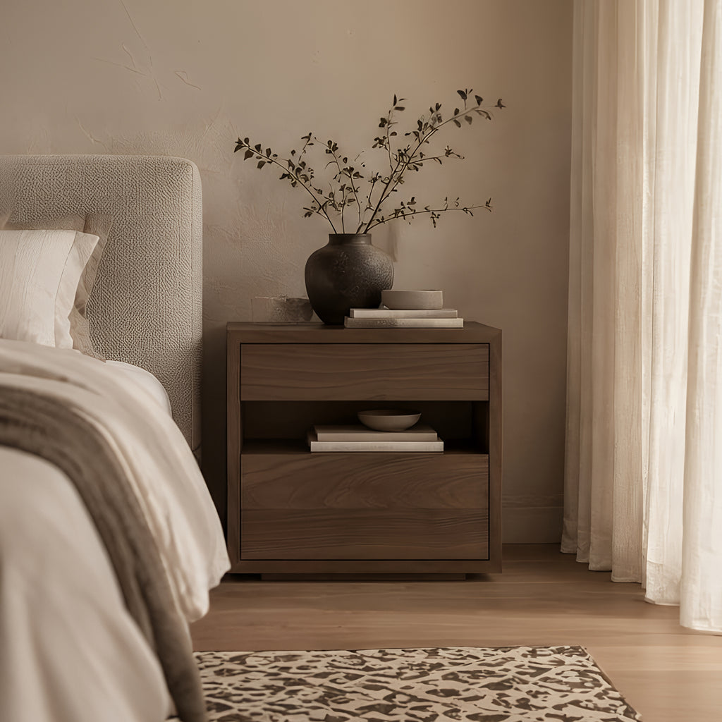 Avero Bedside Table Walnut Bedroom Lifestyle Close Up