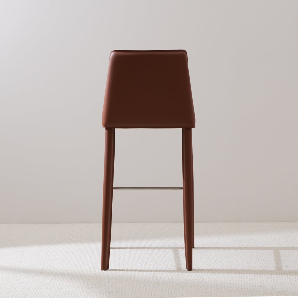 Brown saddle leather bar stool with stainless steel footrest slim design