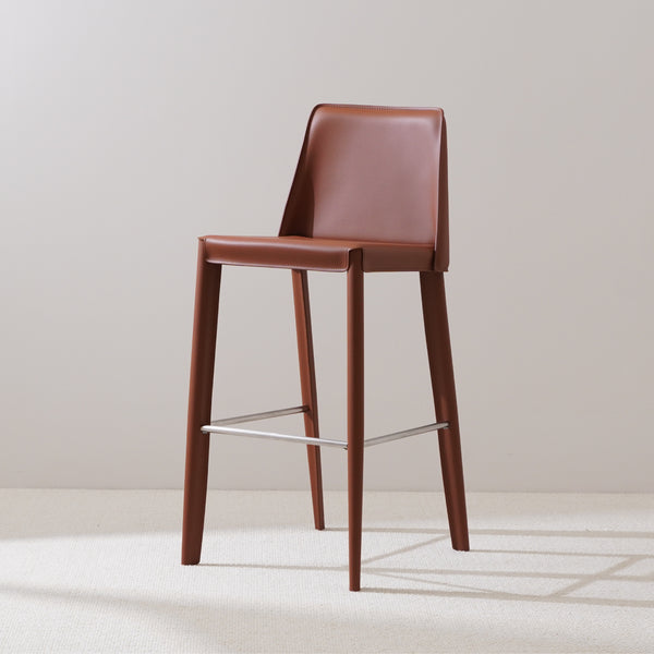 Brown saddle leather bar stool with stainless steel footrest