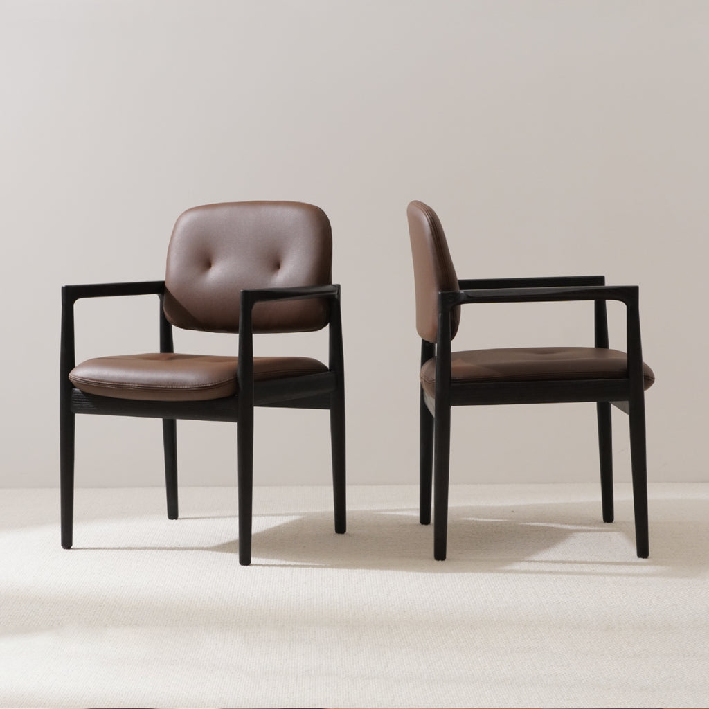 BRODY Stylish Brown Button Tufted Dining Chair in Black Solid Wooden Frames Perspective View