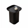 Black ashwood accent table featuring a soft square top and rounded pedestal body