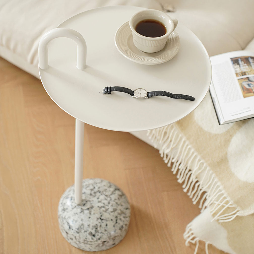 Bowler Side Table White Granite With Sofa Living