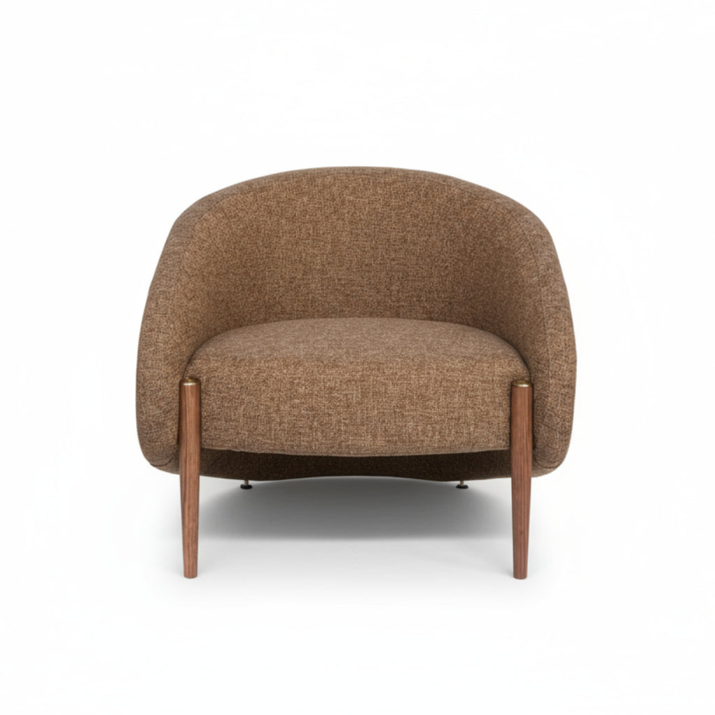 Modern CEDAR lounge chair with premium textured fabric upholstery and brass oak wood leg accents
