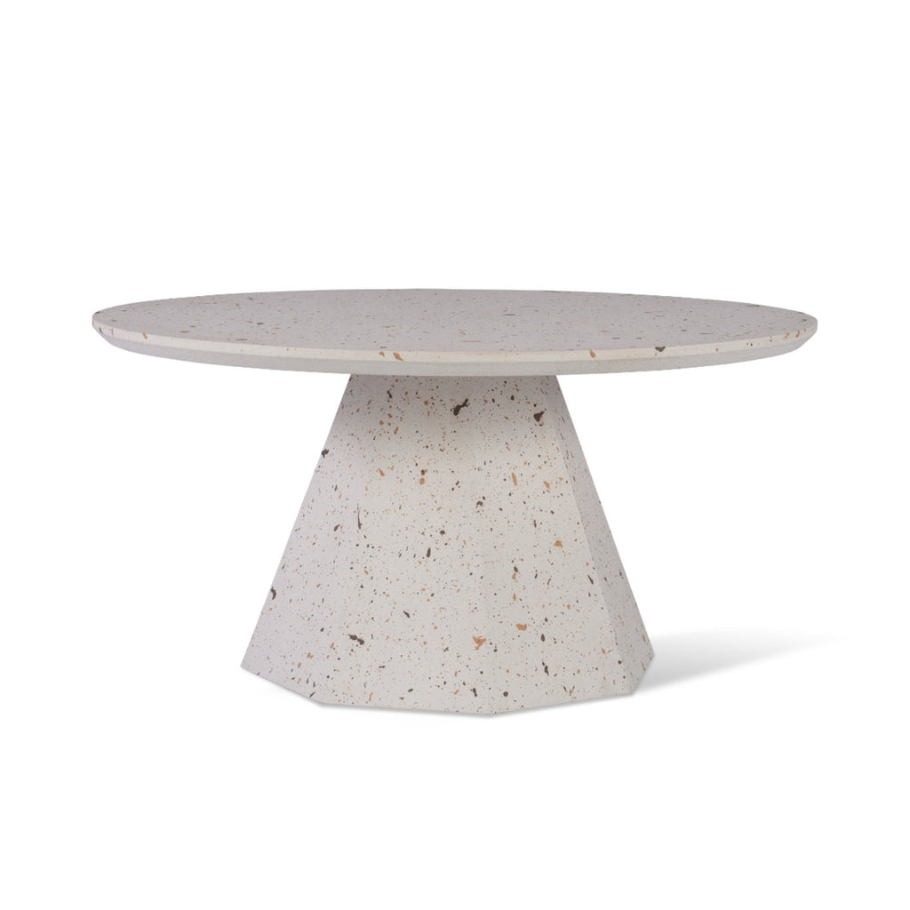 White microcement finish round pedestal coffee tables for modern living spaces
