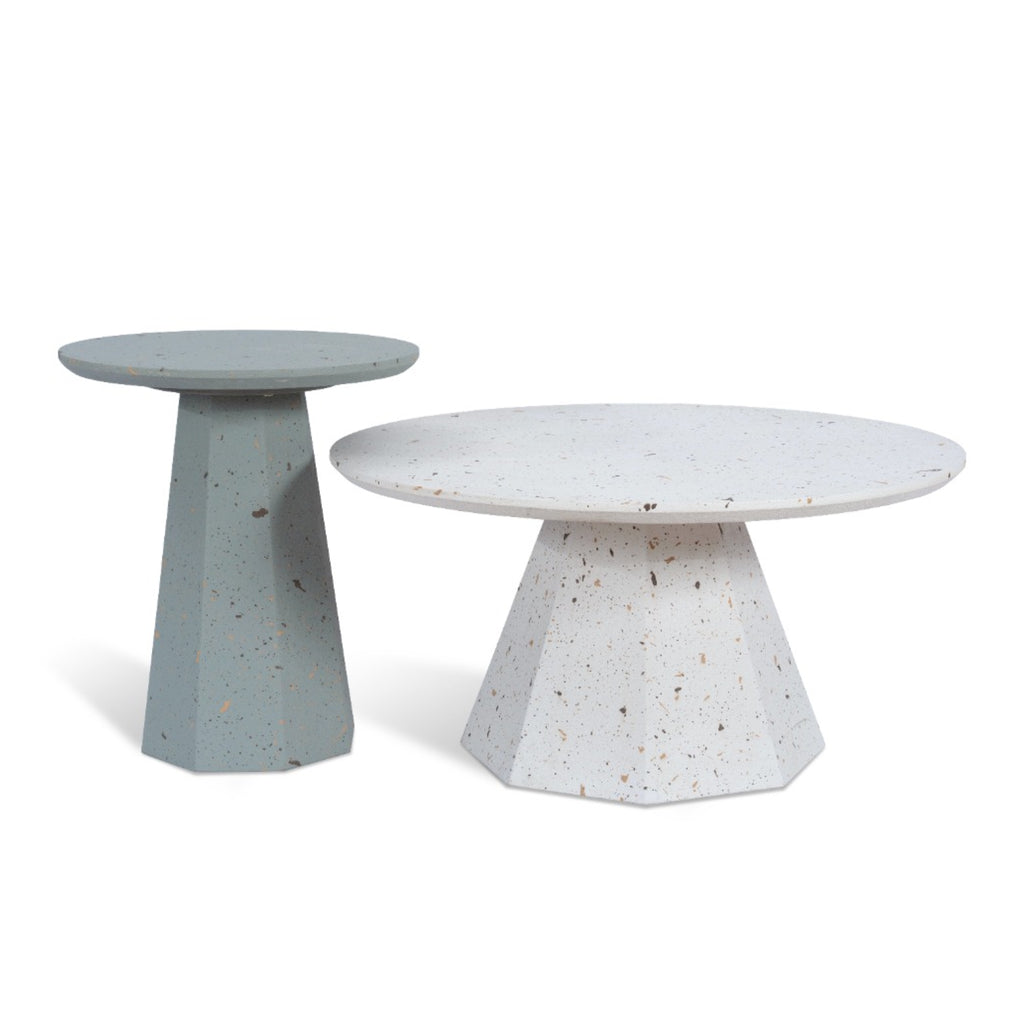Pair of sculptural round coffee tables with geometric pedestal base