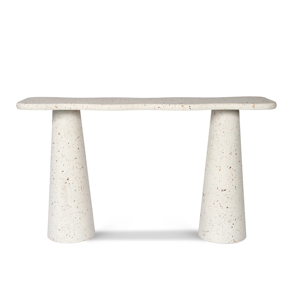 Modern console table featuring micro-cement texture and sculptural arc design.