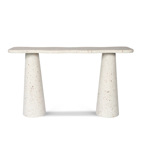 Modern console table featuring micro-cement texture and sculptural arc design.