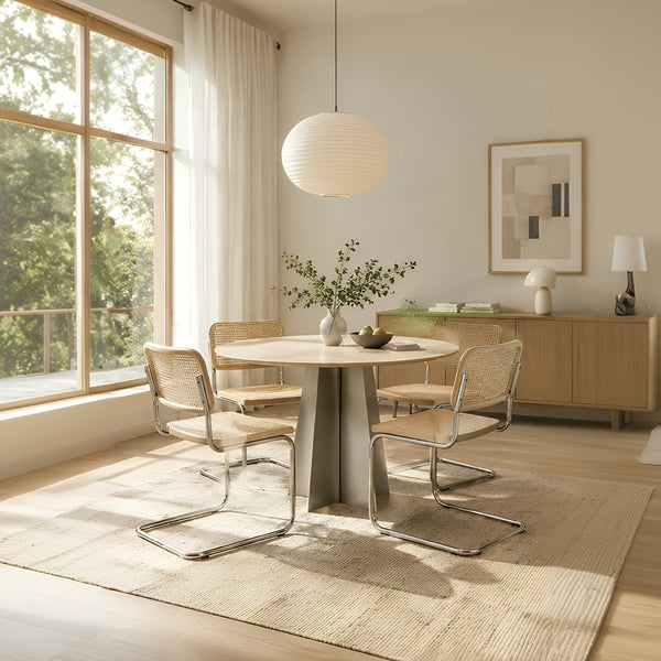 Modern round dining table with retro dining chairs