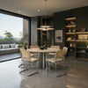 Modern Retro Round Dining Table and Classic Retro Dining Chairs in light natural wood and stainless steel.
