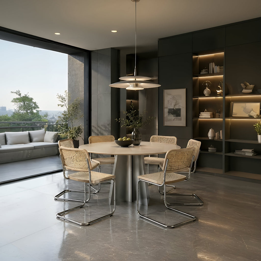 Modern Retro Round Dining Table and Classic Retro Dining Chairs in light natural wood and stainless steel.