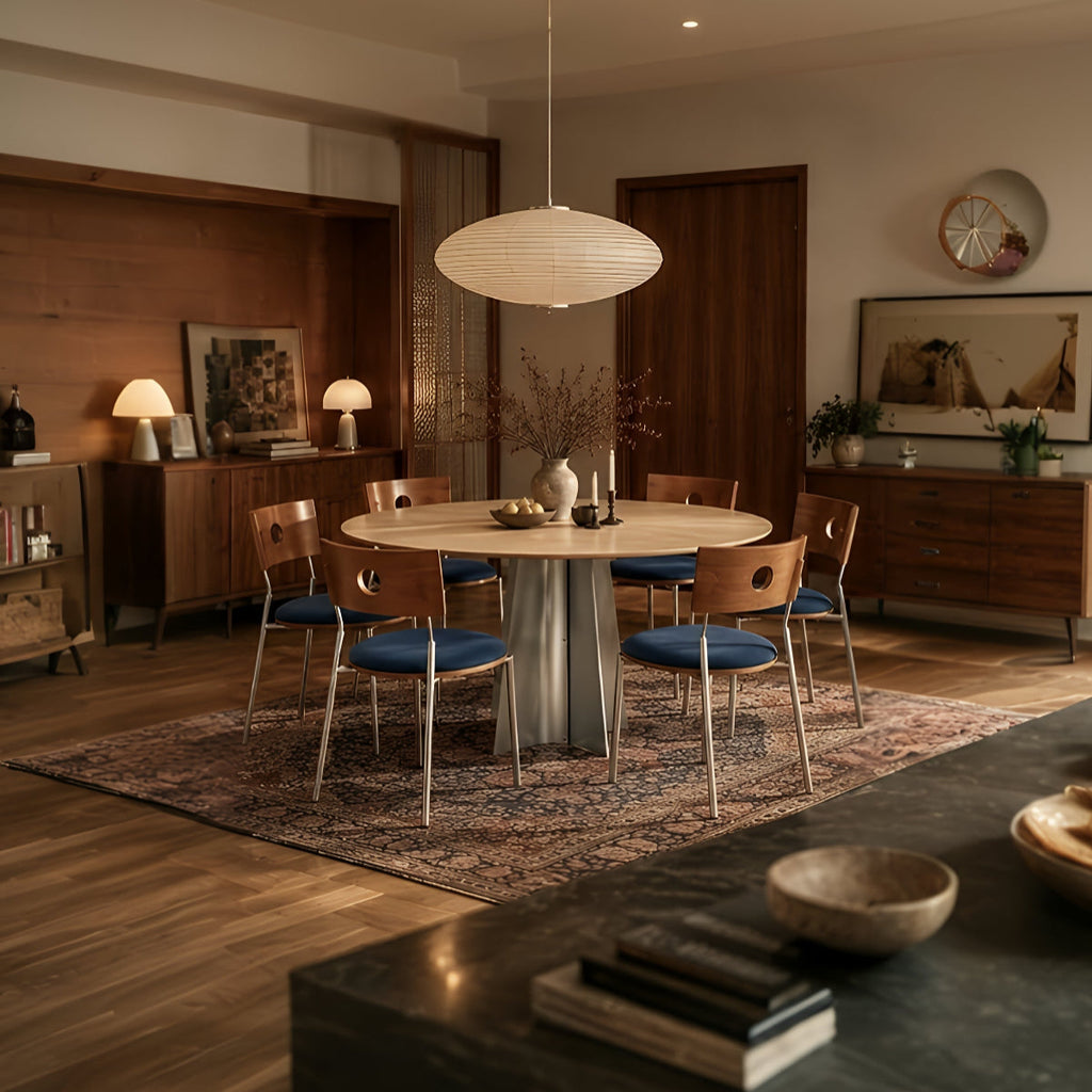 CRUX and PORTO 6-seater dining set with wooden tabletop and blue upholstered chairs in a warm mid-century modern interior