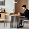 Crux Round Dining Table Oak Stainless Steel Base Bevel Table Top Dining Minimal Sleek Design