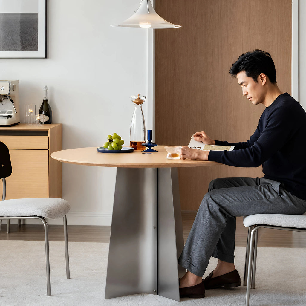 Crux Round Dining Table Oak Stainless Steel Base Bevel Table Top Dining Minimal Sleek Design