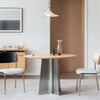 Crux Round Dining Table Oak Stainless Steel Base Bevel Table Top Dining Set Up