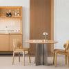 Crux Round Dining Table Oak Stainless Steel Base Bevel Table Top Minimal Japandi Dining Set Up