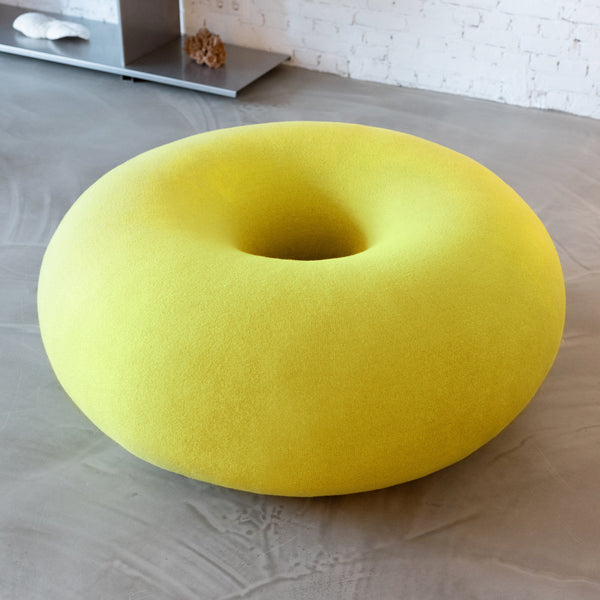 Sulfur Yellow Donut Pouf Lazychair - Suitable for modern mid-century, quirky, industrial settings.