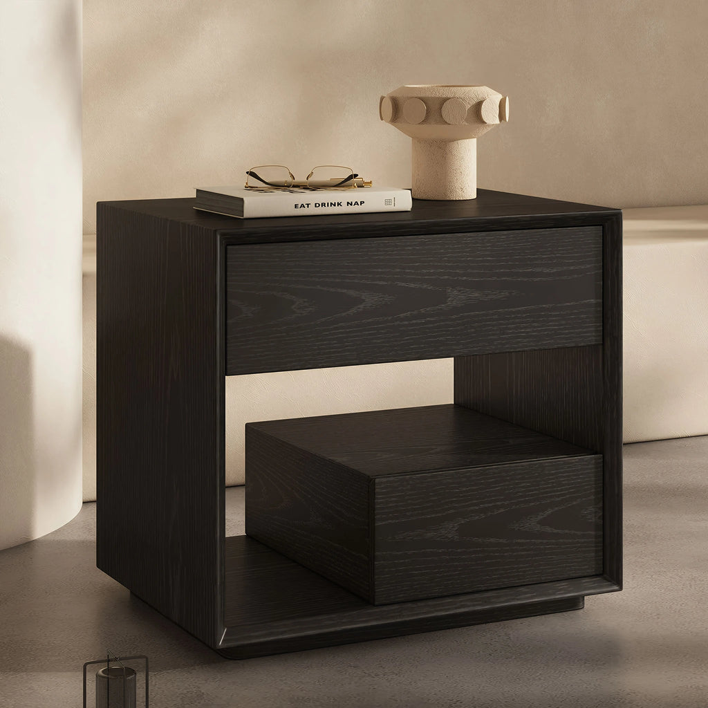 Duxbury Bedside Table Black symetric Bevel Edge Drawer Sleek Design