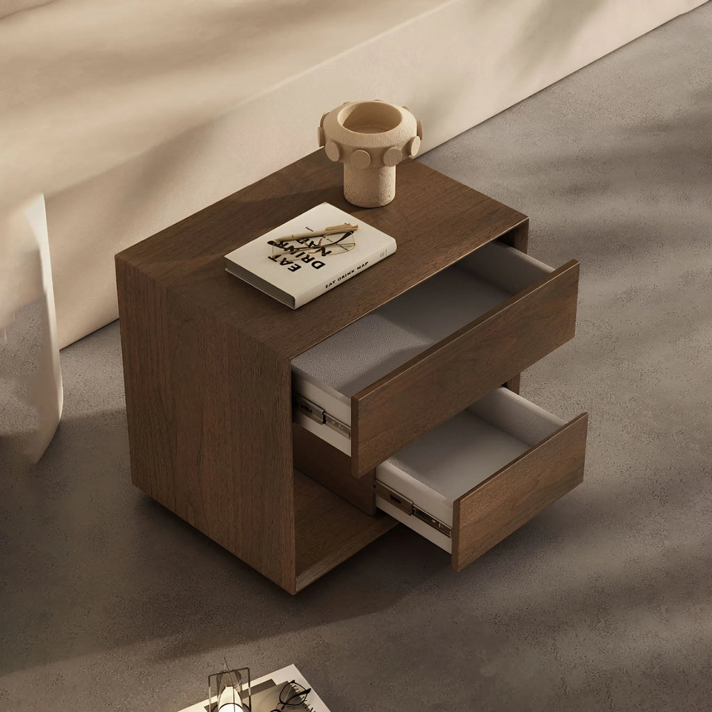Duxbury Bedside Table Walnut symetric Bevel Edge Drawer Close Up