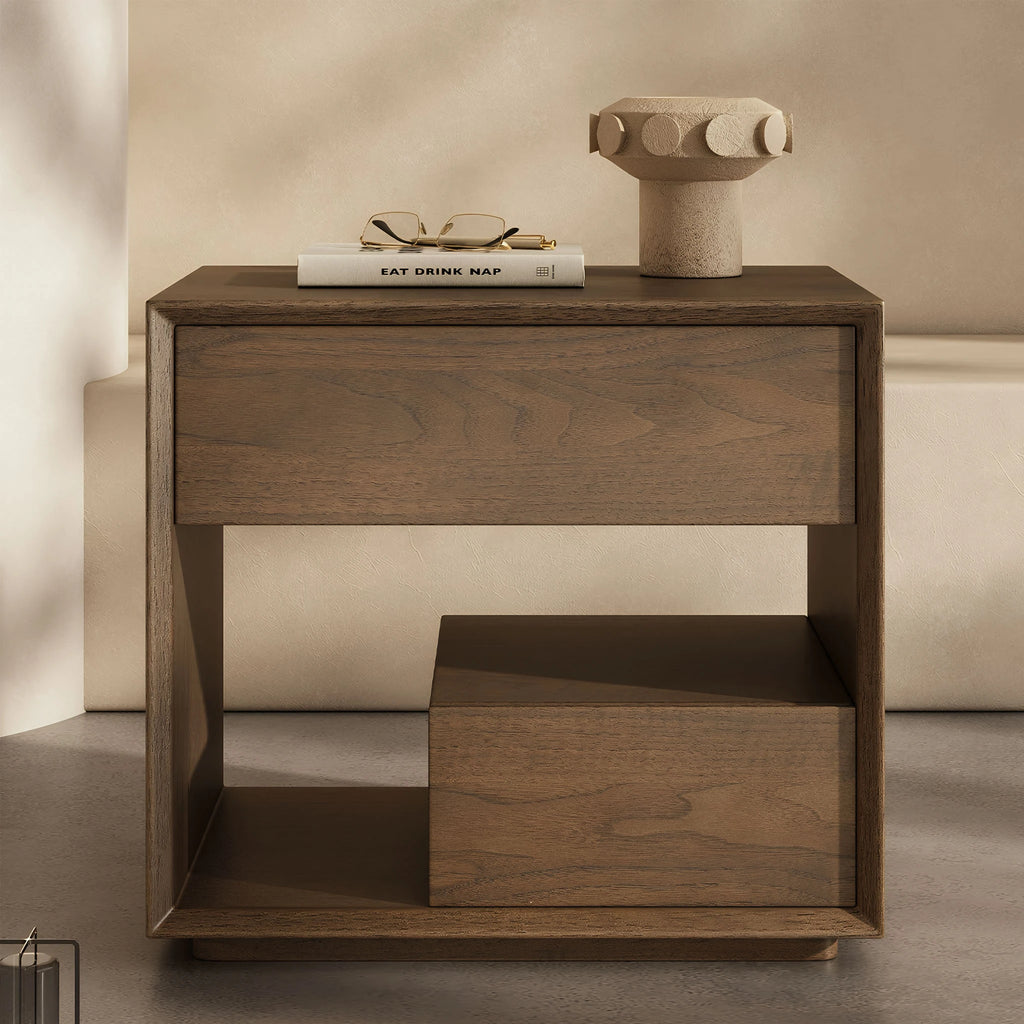 Duxbury Bedside Table Walnut symetric Bevel Edge Drawer