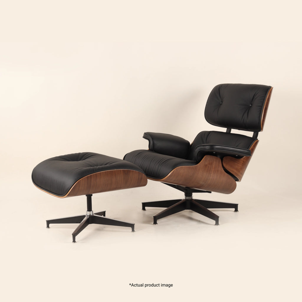 Eames Lounge Chair And Ottoman crafted in beech wood and genuine leather. Walnut wood.