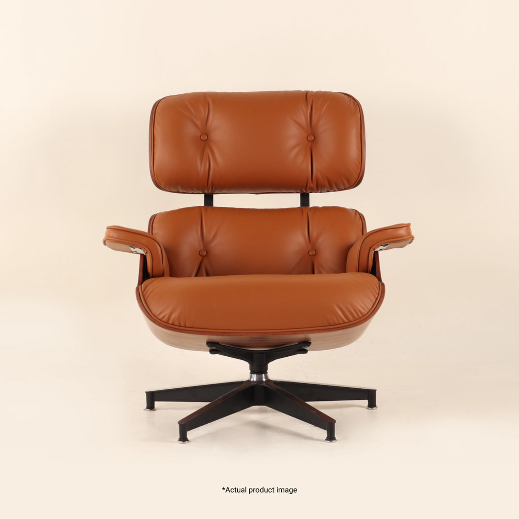 Eames Lounge Chair And Ottoman crafted in beech wood and genuine leather. Rosewood and Brown.