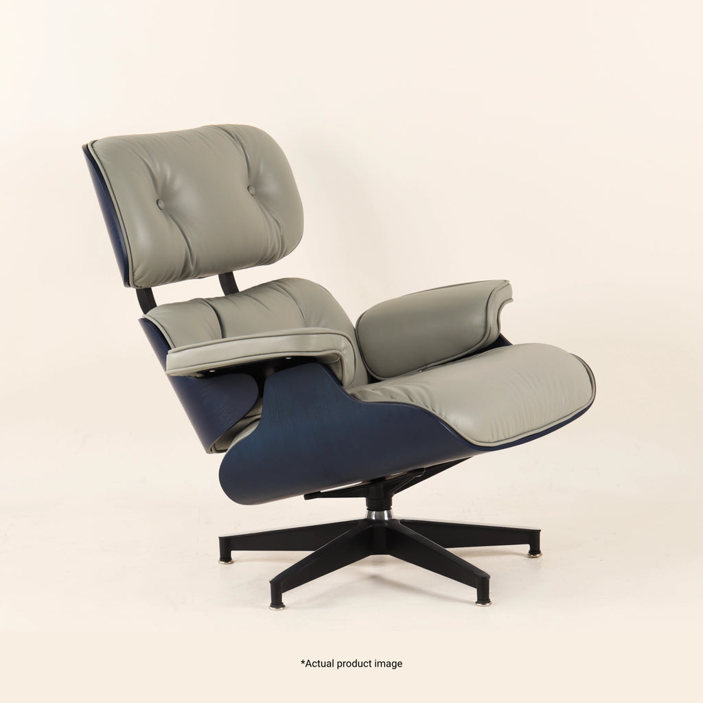 Eames Lounge Chair And Ottoman crafted in beech wood and genuine leather. Black and Grey.