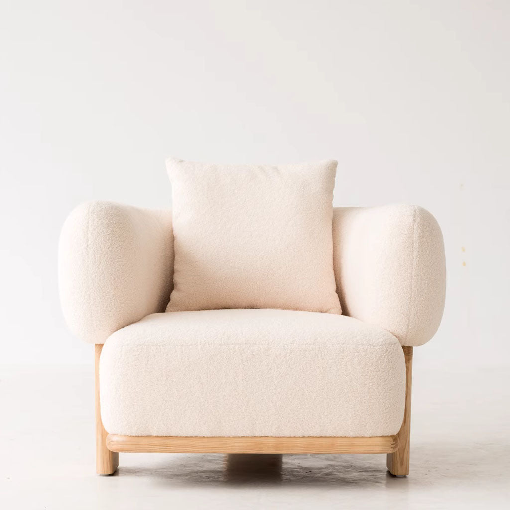 Frankie Lounge Chair Bouclé Upholstered Cream White Wooden Legs