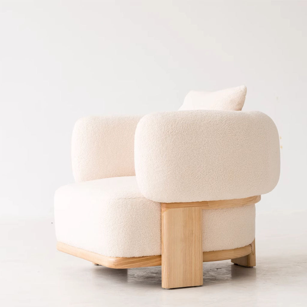 Frankie Lounge Chair Bouclé Upholstered Cream White Wooden Legs