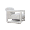 Contemporary armchair with plush white fabric and unique open-frame design.
