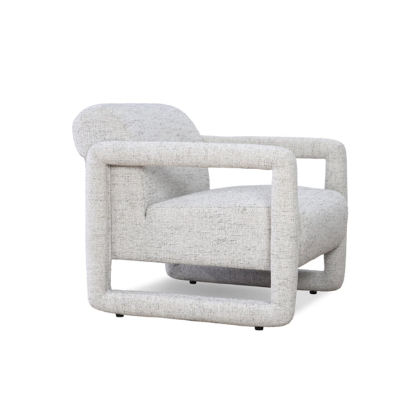 Contemporary armchair with plush white fabric and unique open-frame design.